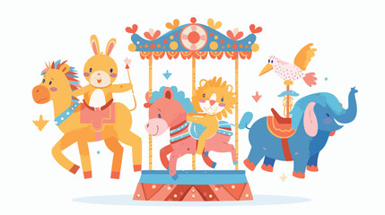 Happy funny cartoon animals riding on a carnival 