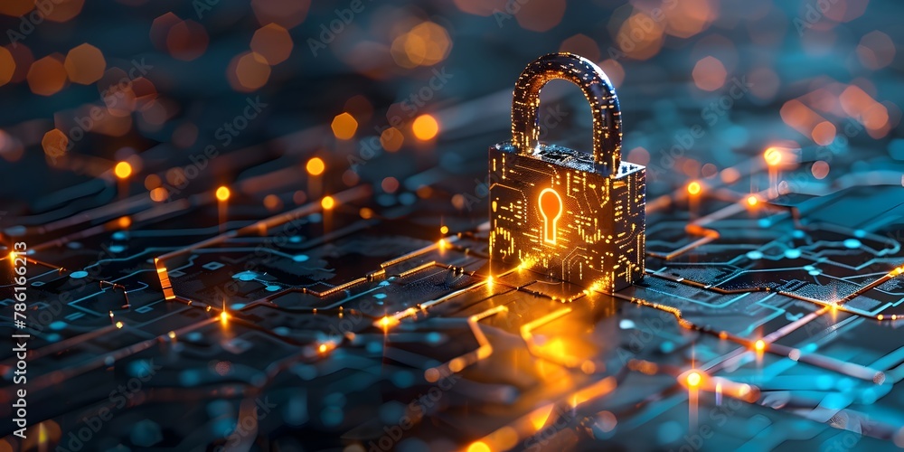 Poster digital padlock securing a network of glowing data connections emphasizing data protection against c