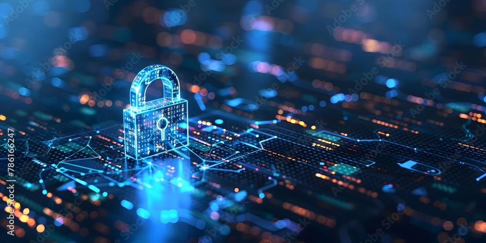Poster encrypted digital padlock interface visualizing cyber security network and data protection on dark b