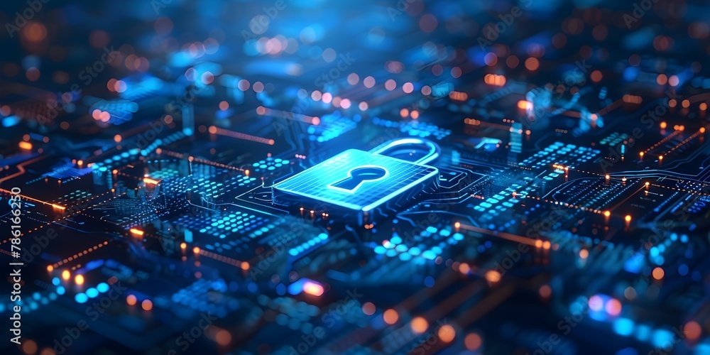 Poster digital padlock interface with encrypted code and cyber security visualization in dark blue backgrou
