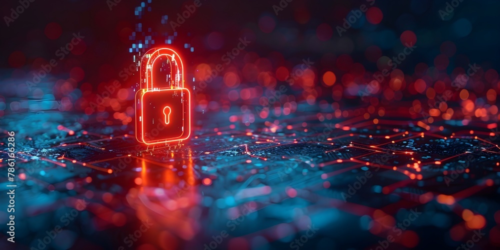Poster glowing neon digital padlock on technological grid representing cybersecurity and network infrastruc