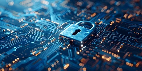 Sophisticated Digital Padlock Embedded on Intricate Circuit Board Design Signifying Advanced Encryption Technology and Secure Data Protection