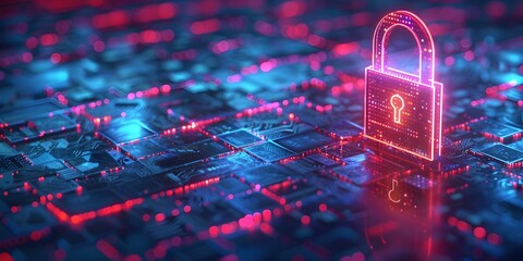 Glowing Digital Padlock on Technological Grid Portraying Cybersecurity Infrastructure Protection
