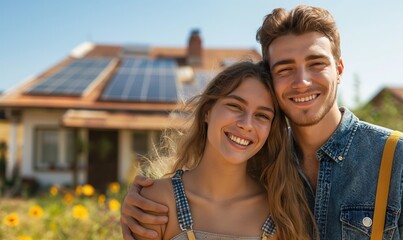 Happy couple young man and woman standing near their new eco friendly passive house with photovoltaic system solar panels for renewable energy on sunny day