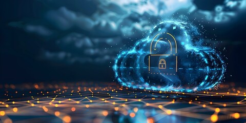 a digital padlock seamlessly merging with a cloud symbol symbolizing the importance of cloud computing security The dark blue background - obrazy, fototapety, plakaty