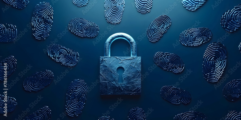 Poster secure digital lock surrounded by biometric fingerprints on dark blue background emphasizing identit