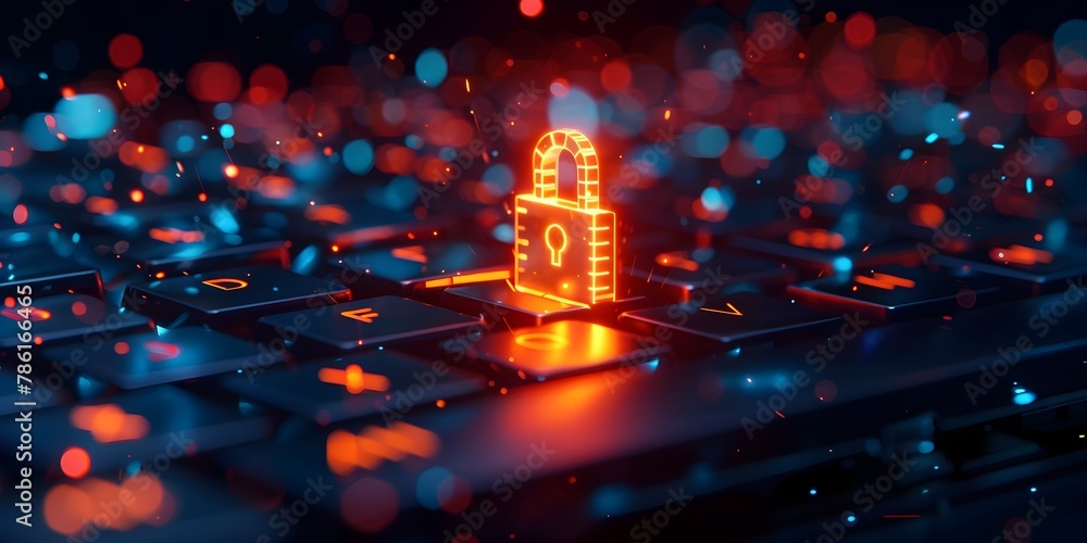 Poster digital padlock floating above illuminating keyboard on dark blue background symbolizing cybersecuri