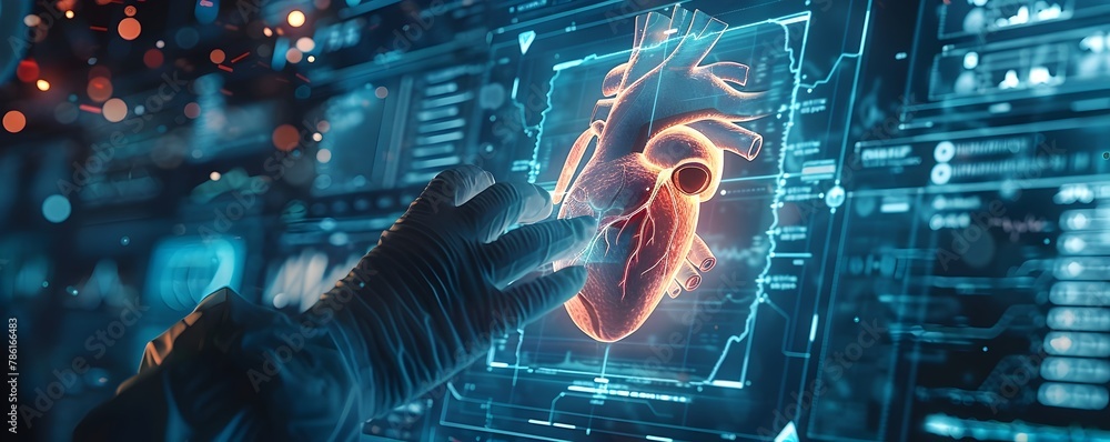 Poster cardiologist utilizing advanced digital diagnostic tool to map patient s heart health in futuristic 