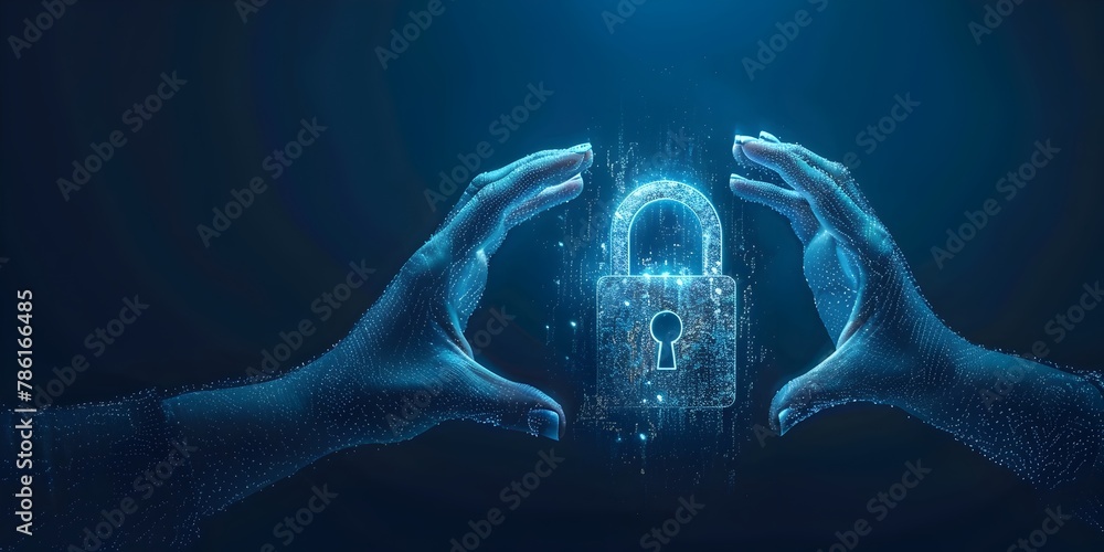 Poster hands reaching towards digital padlock on dark blue background illustrating cybersecurity and protec