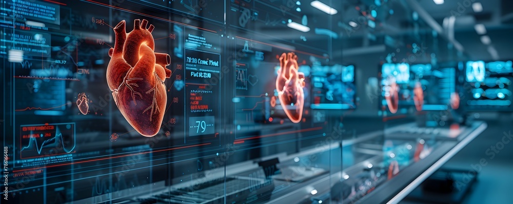Poster high tech cardiology lab with holographic heart models displaying real time patient vitals symbolizi