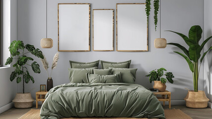 Modern bedroom interior with green bed linen and wooden accessories. - empty picture frames on wall above bed.