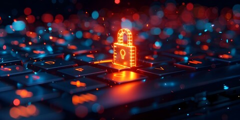 Digital Padlock Floating Above Illuminating Keyboard on Dark Blue Background Symbolizing Cybersecurity