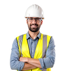 Builder portrait, man with crossed arms and smile, architect or engineer in the construction industry on a transparent background. Happy male contractor, layout and professional builder wearing white 