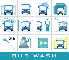 Set of bus washing icons. Collection of icons presenting equipment used for bus wash.