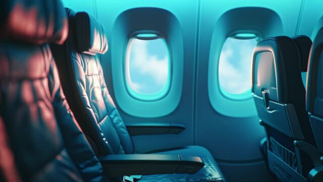 looping footage of close-up airplane window view empty passenger seat in cabin of the aircraft, white clouds floating in the sky at window view 