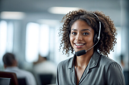 Smiling American customer service representative working with a headset in the office. Call center agent with headset making a video call. Black woman telemarketing agent works in a call center. AI.