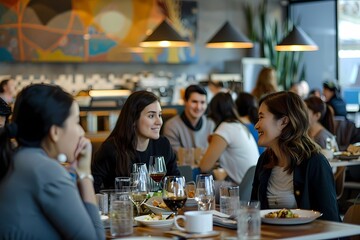 A group of smiling people are enjoying an afternoon lunch at the Green stretching restaurant in...