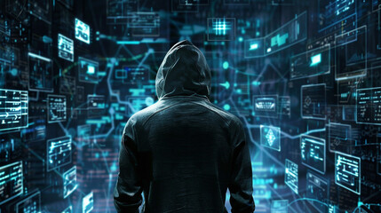 A mysterious hacker engaged in a web of advanced technology, incorporate a backdrop filled with images of code, futuristic hardware, and complicated algorithms. dark and conspiratorial atmosphere.