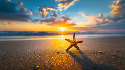 Starfish on the beach at sunset. Beautiful seascape background with starfish and golden sand in front of blue sky. - obrazy, fototapety, plakaty