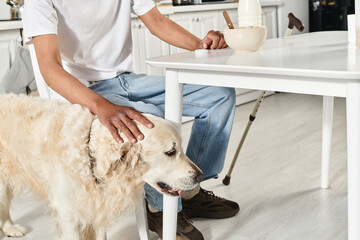 An African American man with a disability sitting at a table with his loyal Labrador dog, showcasing diversity and inclusion.