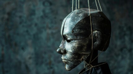An image depicting a marionette on a human head, illustrating the concept of mind control. - obrazy, fototapety, plakaty