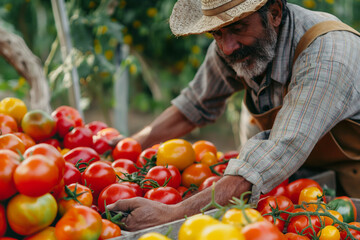 Farmer gardener with a basket of harvested colorful tomatoes in the garden - obrazy, fototapety, plakaty