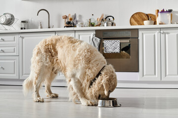 A Labrador dog joyfully eats from a bowl while standing in a cozy kitchen setting.