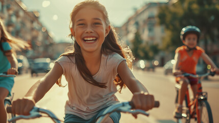 Obraz premium Happy children ride bicycles on a sunny street, having fun on a bikes. The concept of a happy childhood, Children's Day.
