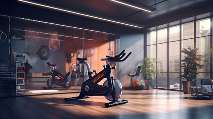 Stationary Bikes photo high quality used in gym for loses weight with window and large mirror and plants in background 
 - obrazy, fototapety, plakaty
