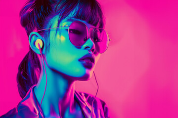 Asian fashion woman with sunglasses and earphones, neon fluorescent light.