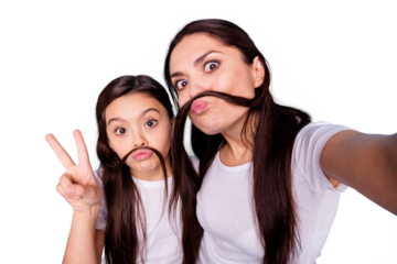 Close up photo beautiful two people brown haired mom small little daughter make take selfies moustache curls pretend guy man male show v-sign wear white t-shirts isolated bright blue background