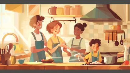 This is an illustration, not a real photo. The image depicts a warm and cheerful kitchen scene with a family cooking together.