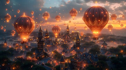 Craft an enchanting scene where balloons, aglow with vibrant hues, float gracefully against a...