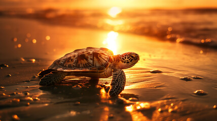 A sea turtle on the beach at sunset, with the sun casting a golden glow over the scene.