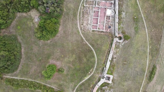 Aerial view of ruins of ancient Roman city Nicopolis ad Nestum near town of Garmen, Blagoevgrad Region, Bulgaria
