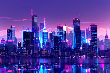 Cityscape and skyscraper lights reflected in the shimmering purple waters