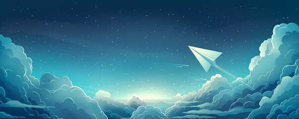 Create a captivating illustration of a paper plane gracefully soaring through a vast sky, symbolizing freedom and independence - obrazy, fototapety, plakaty