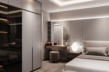 elegant and modern bedroom design, big bed with overcoat cabinet, console table