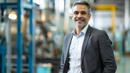 Obraz premium Portrait of a factory owner or manager in a business suit background warehouse. Banner industrial plant process