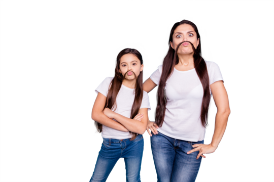 Close up photo beautiful two people brown haired mom small little daughter make moustache curls like guys man male fooling around wear white t-shirts isolated bright blue background - Powered by Adobe