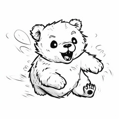 Naklejka premium dynamic running teddy bear, Black and white, line drawing, white background сreated with Generative Ai