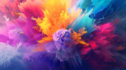 Design a backdrop with a sudden burst of vibrant colors making a splash effect, all within a unique 3D animated illustration frame. - obrazy, fototapety, plakaty