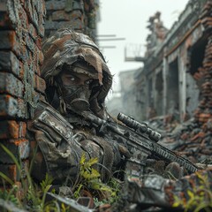 A guerilla fighter hiding in ruins that show signs of decay