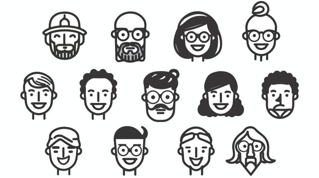 Human faces icons thin line art set. Hipster character