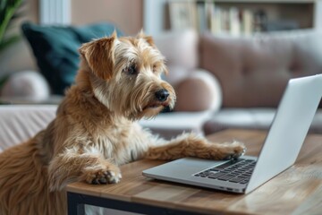 Dog sitting at a desk in front of a grey laptop. His paws are touching the keyboard as he is typing - obrazy, fototapety, plakaty