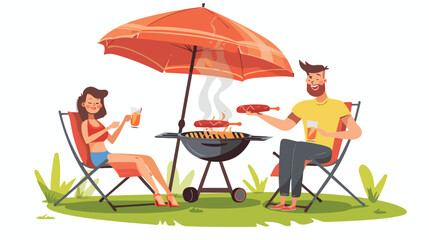 Husband doing barbecue grilling meat outdoors wife ly - obrazy, fototapety, plakaty
