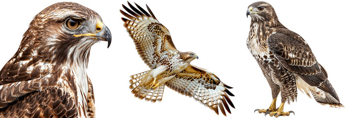 Buzzard bundle, portrait, flying and standing, isolated on a transparent background