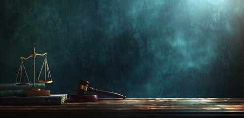 Background featuring gavel and scales of justice on wooden table in dark blue backdrop. Concept for law business.