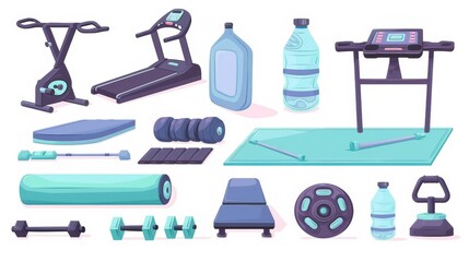 A set of sports equipment for a gym. Treadmill, yoga mat, dumbbell and elliptical trainer for exercise. Water bottle and tool for training muscles. - obrazy, fototapety, plakaty