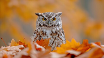 Owl Perched on Pile of Leaves